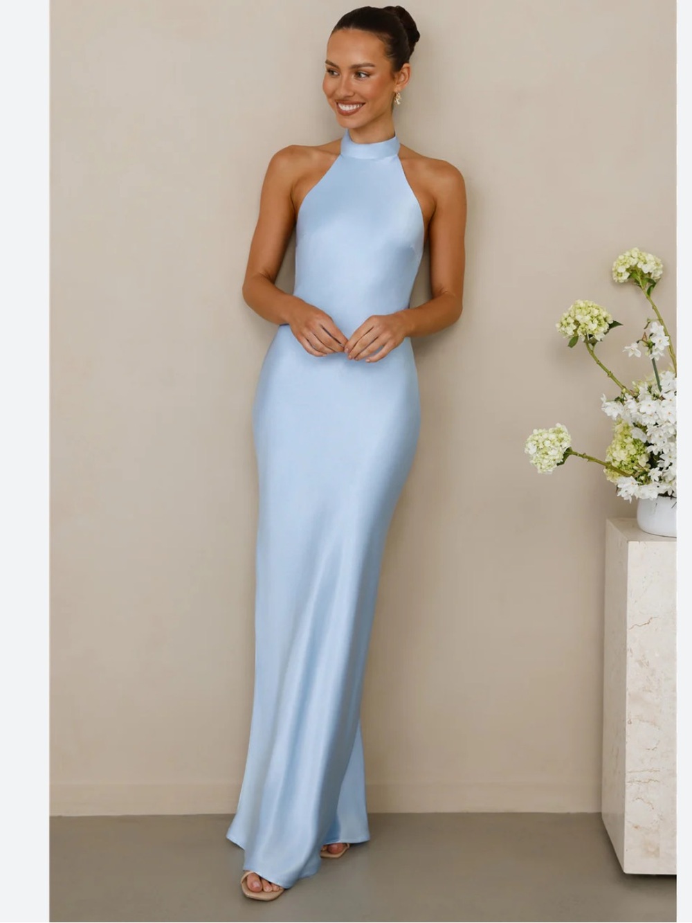 Xscape Light Blue Satin Halter Evening Dress
